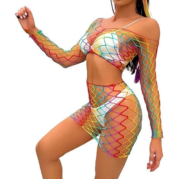 𝅺🌈 Rainbow Fishnet Stockings Mesh Lingerie Bodysuit BDSM Bondage Cosplay NWT - Picture 2 of 5